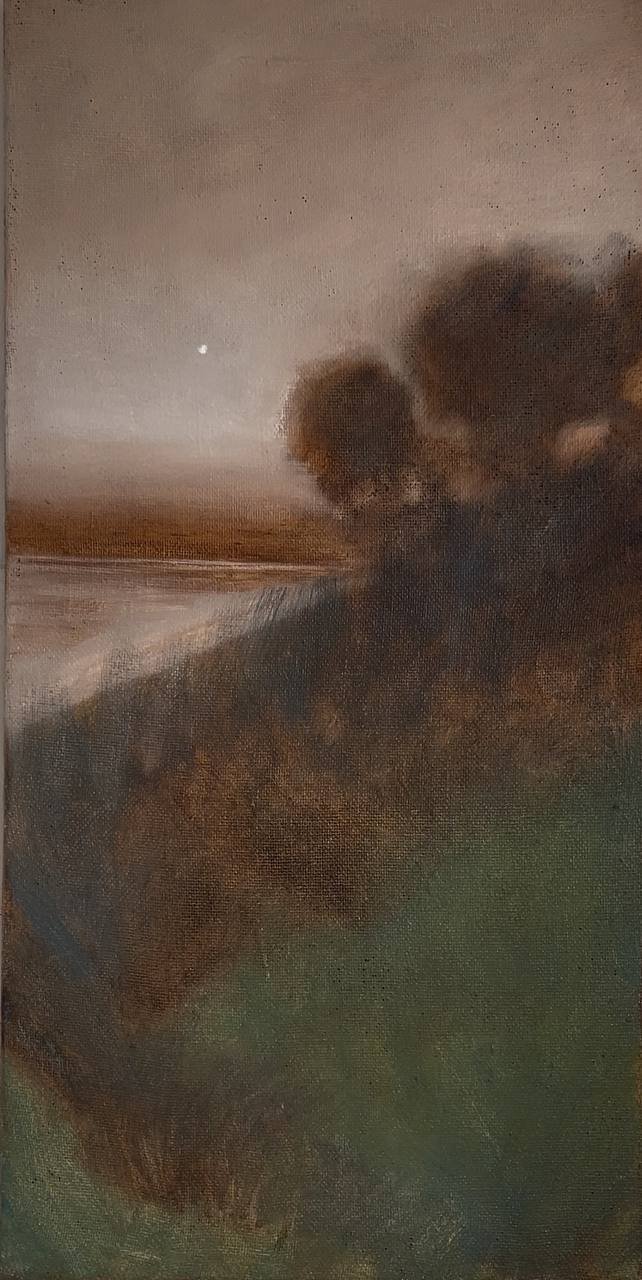 Луна у берега. Мешковина на подрамнике, масло, 110х55 см, 2024
